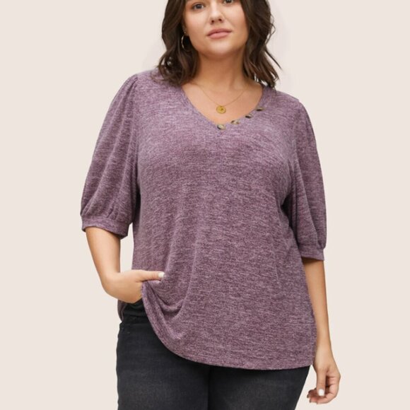BloomChic Plus Size 2XL Heather Button Detail Puff Sleeve T-shirt us18-20 - Picture 1 of 5